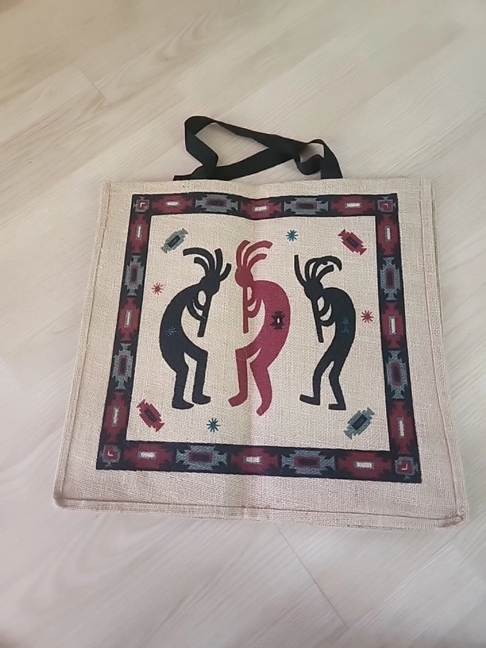 Jute Tote Bag with Kokopelli Print - Red & Black